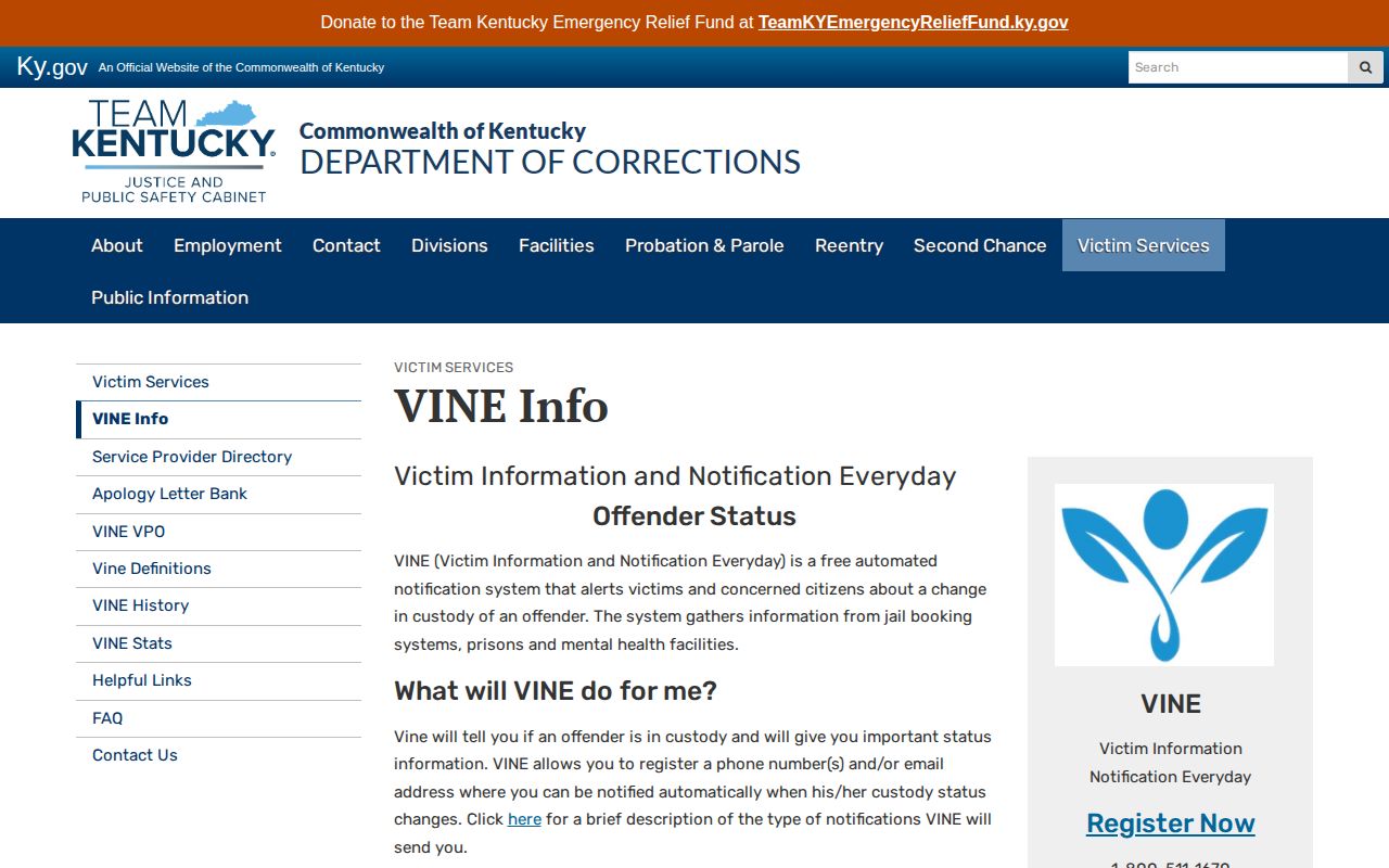 Kentucky Department of Corrections VINE information page for custody notifications