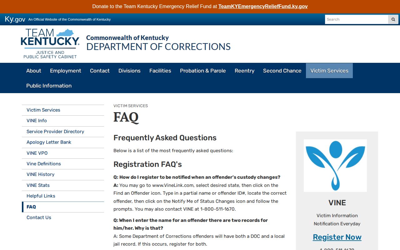 Kentucky VINE frequently asked questions page explaining alert registration