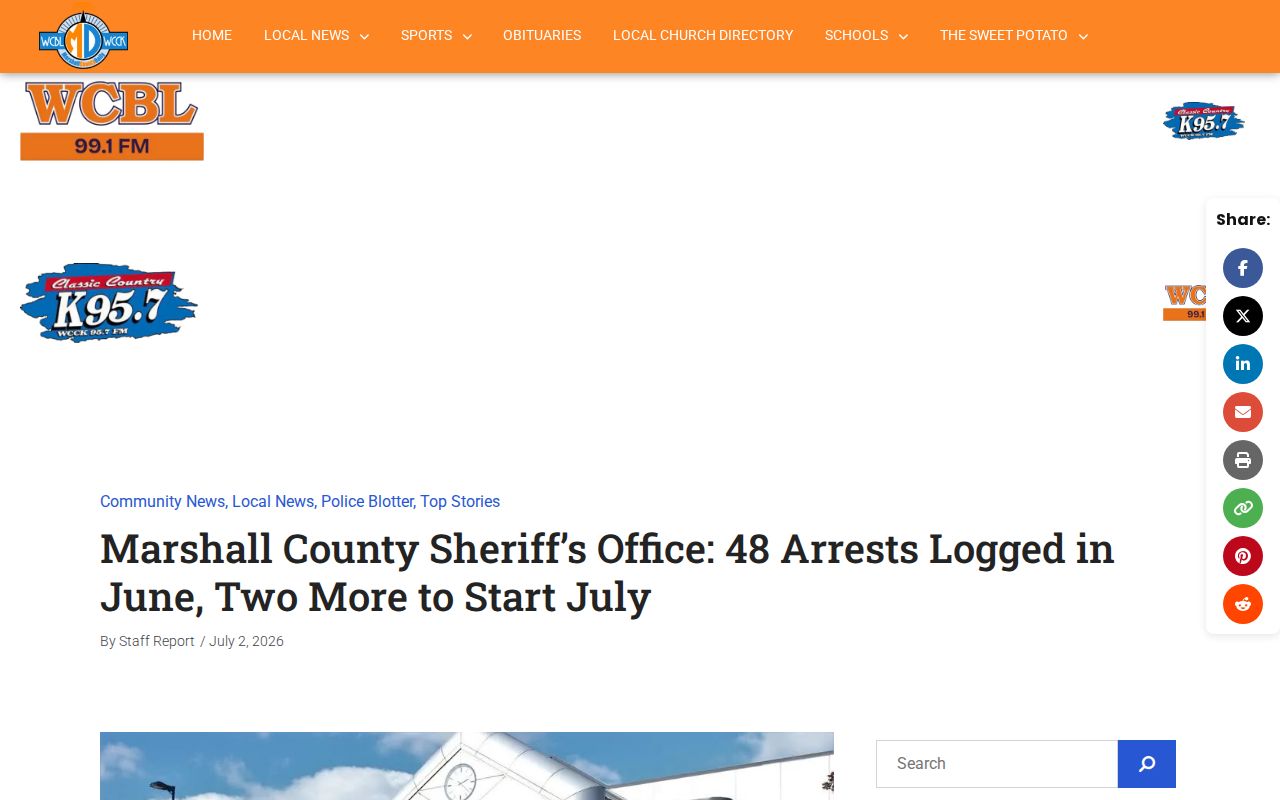 Marshall County Daily page showing a dated Marshall County Sheriff's Office arrest report