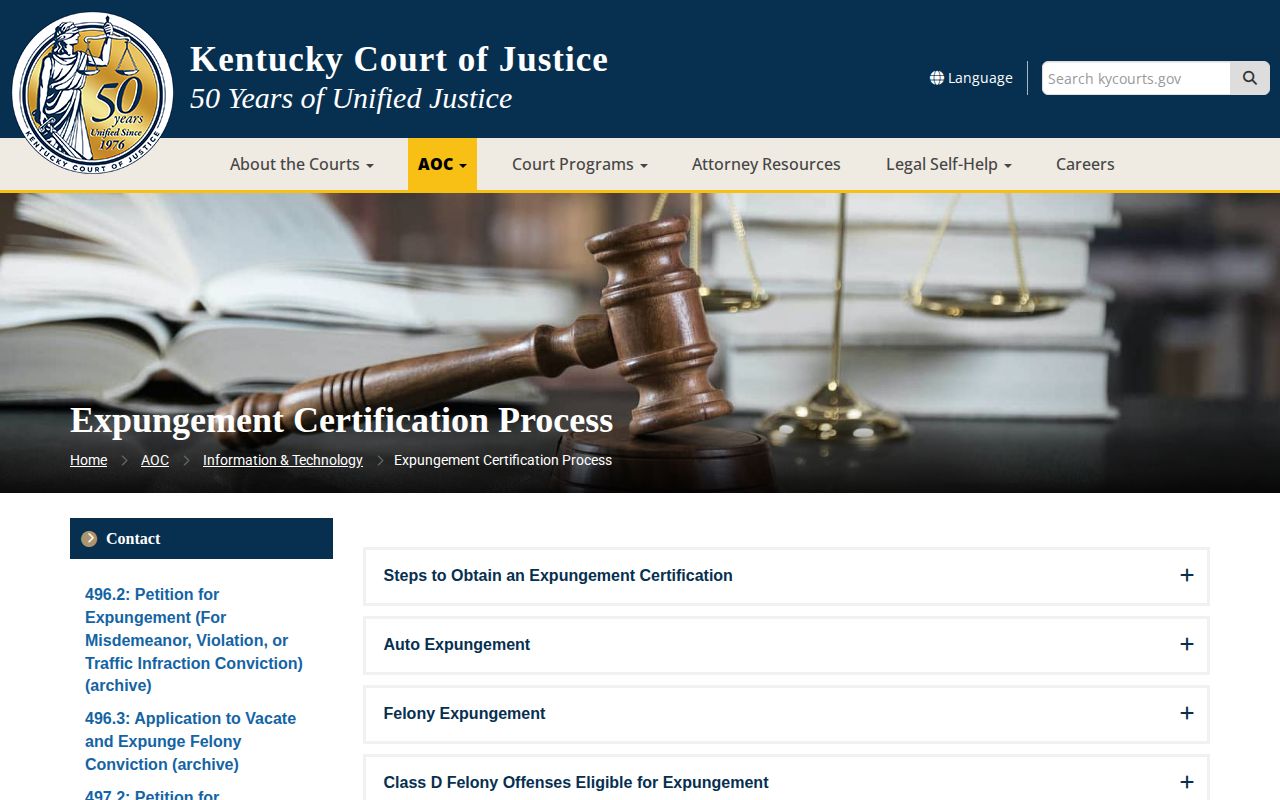 Kentucky Court expungement page
